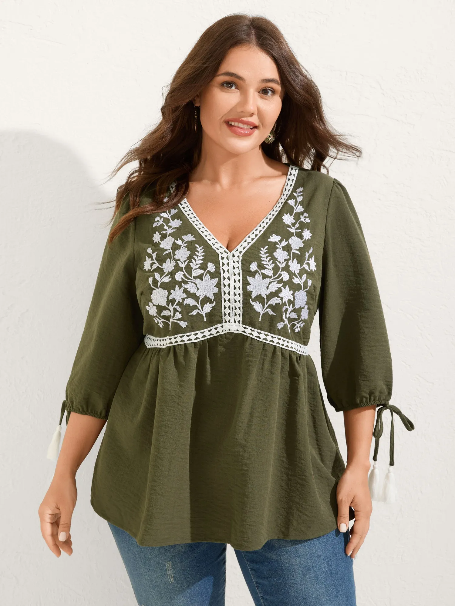 Floral Embroidery Puffy Sleeve-Tie Blouse sold by Bloomchic product image thumbnail 3