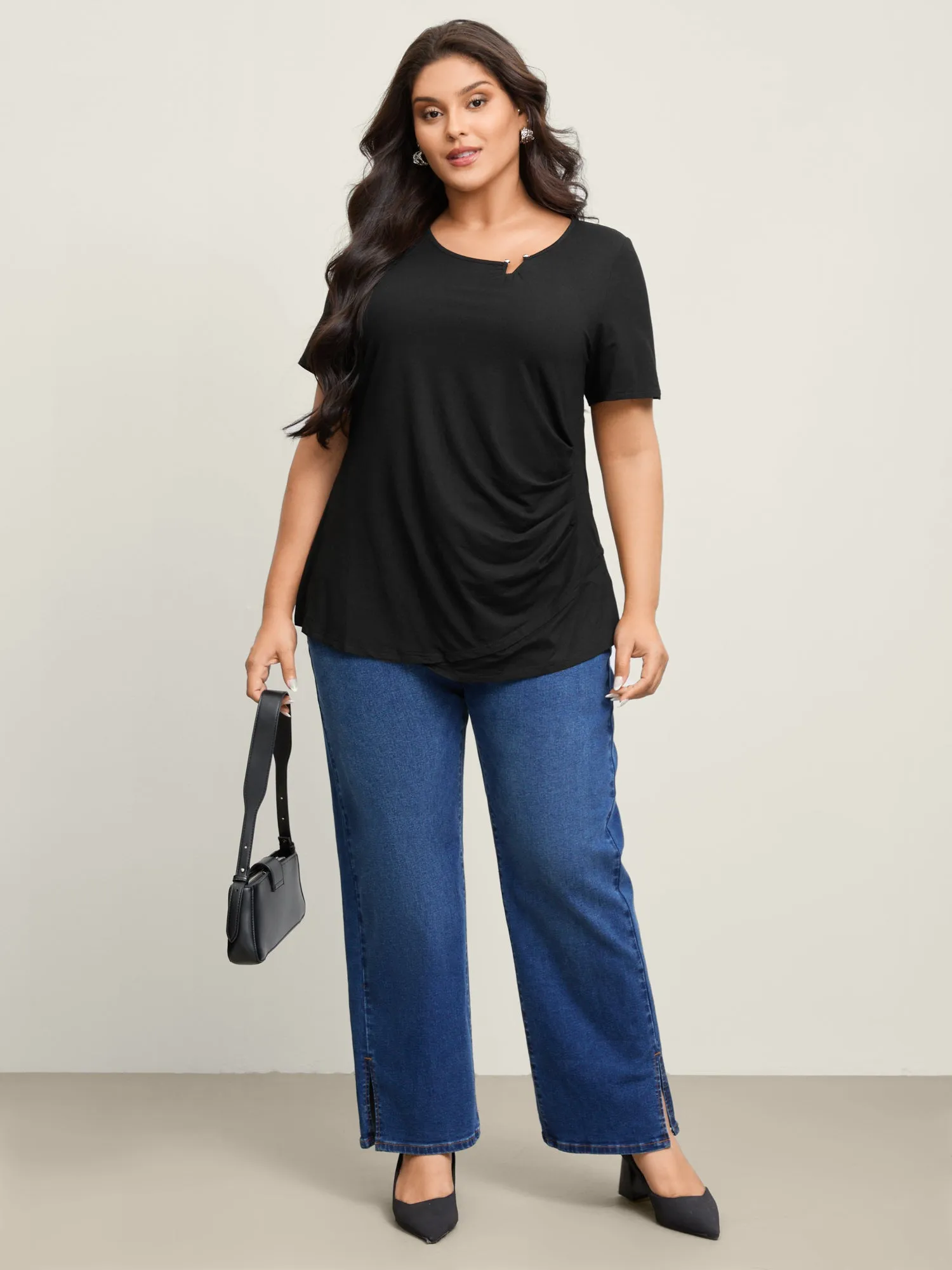 Supersoft Neckline Metal Cuff Pleated Solid Top sold by Bloomchic product image thumbnail 3