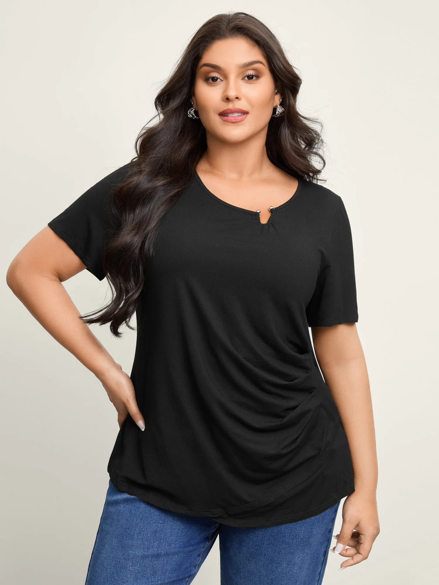 Supersoft Neckline Metal Cuff Pleated Solid Top sold by Bloomchic