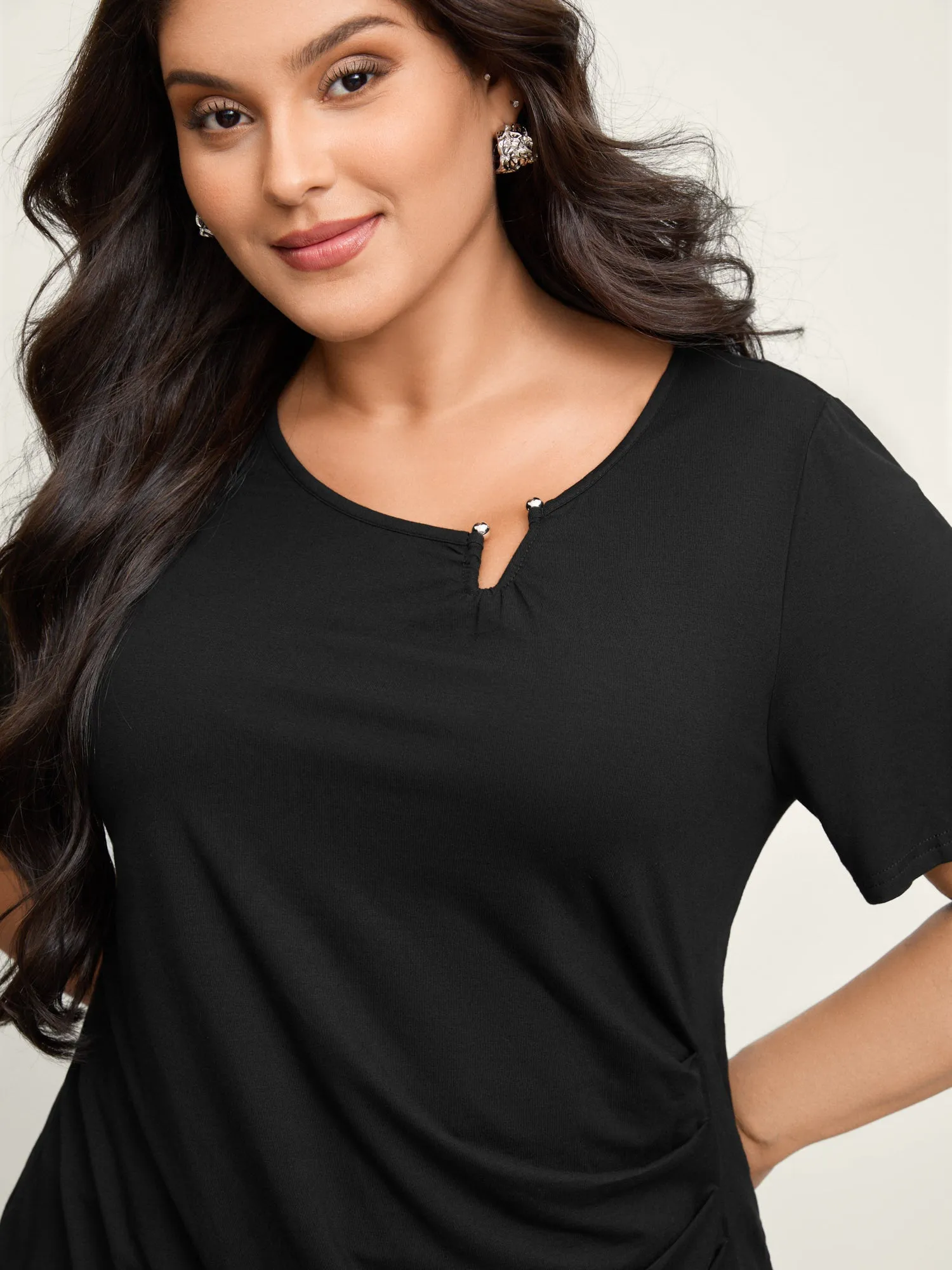 Supersoft Neckline Metal Cuff Pleated Solid Top sold by Bloomchic product image thumbnail 2