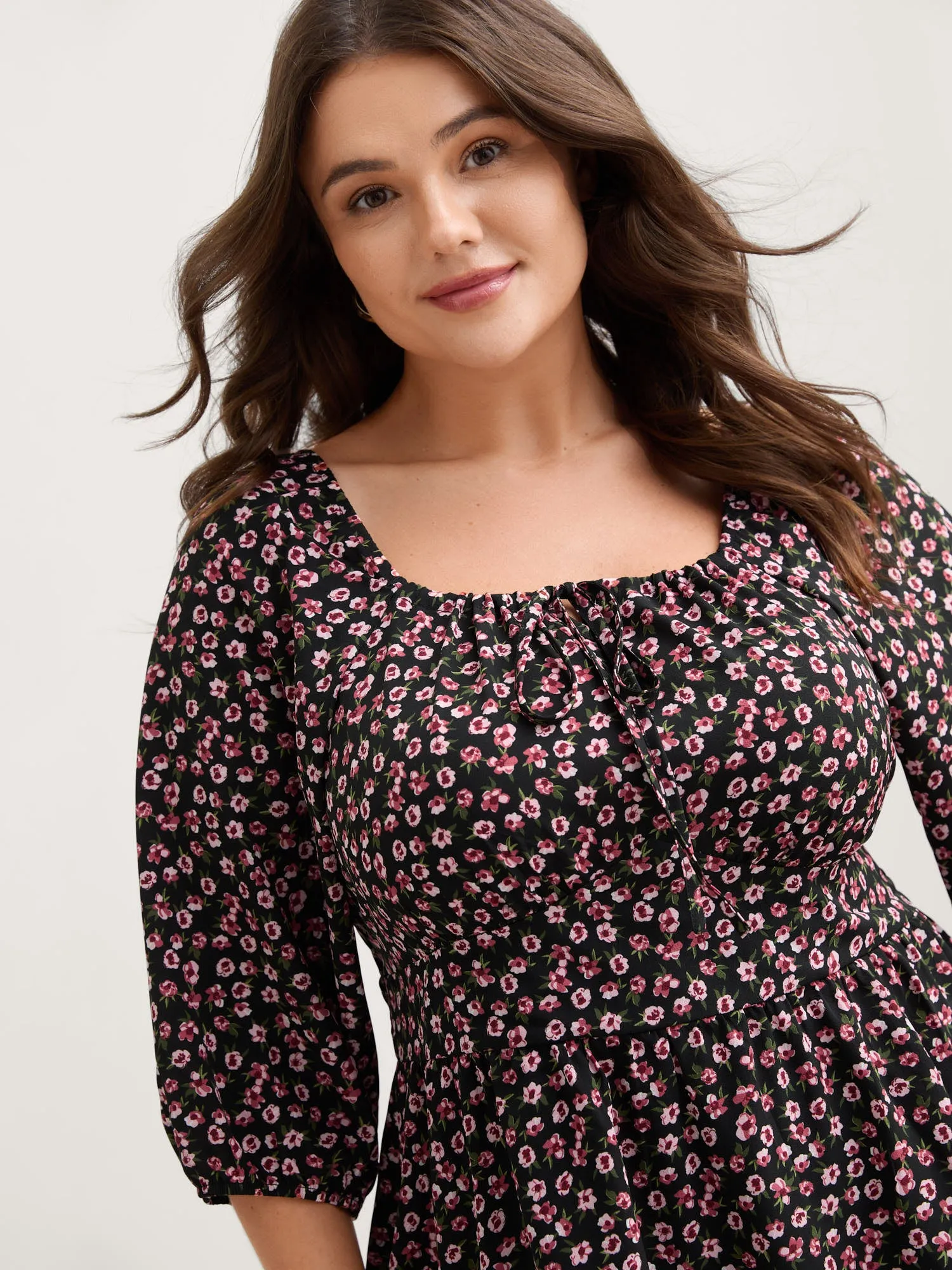 Floral Adjustable Drawstring Neck Shirred Blouse sold by Bloomchic