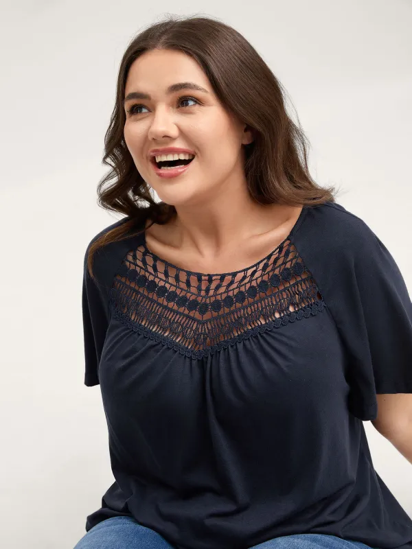 Supersoft Neckline Sheer Lace Neck T-Shirt sold by Bloomchic