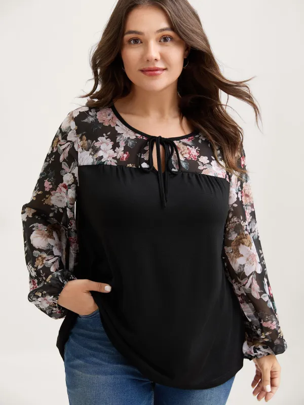 Sheer Floral Print Neck-Tie T-Shirt sold by Bloomchic