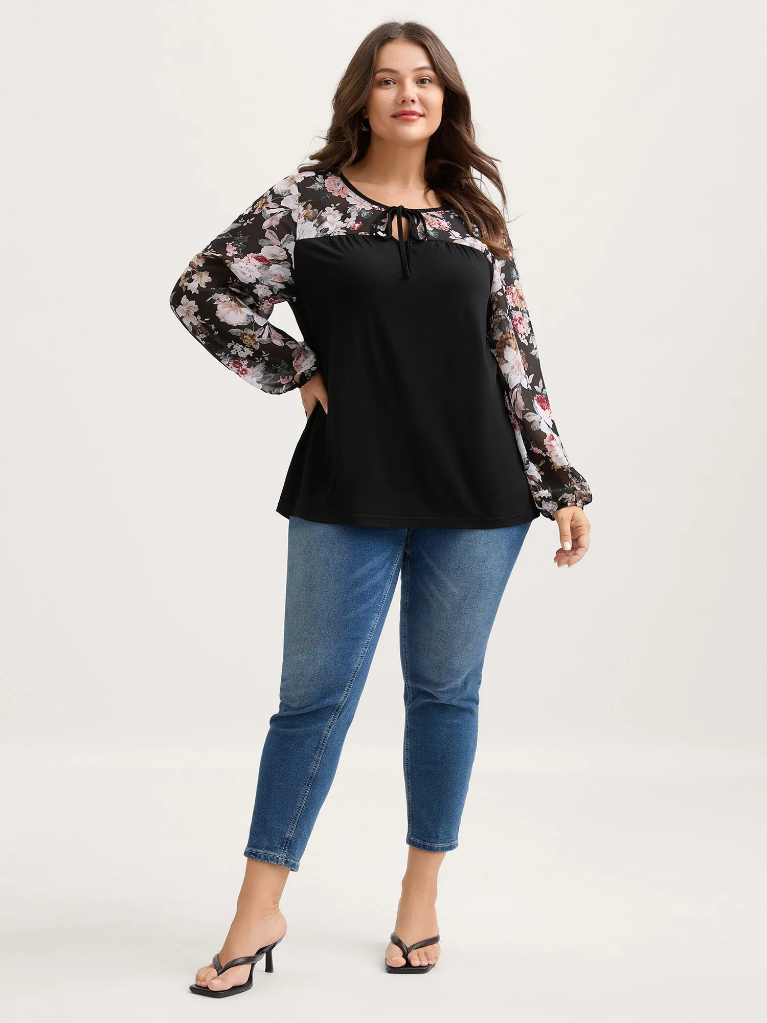 Sheer Floral Print Neck-Tie T-Shirt sold by Bloomchic product image thumbnail 4