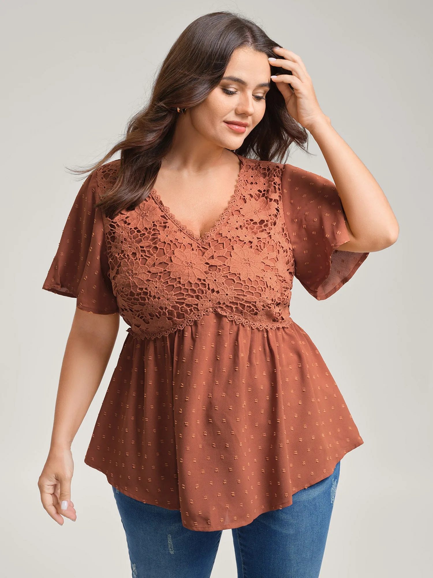 Lace Textured Cinched-Flared Waist Blouse sold by Bloomchic