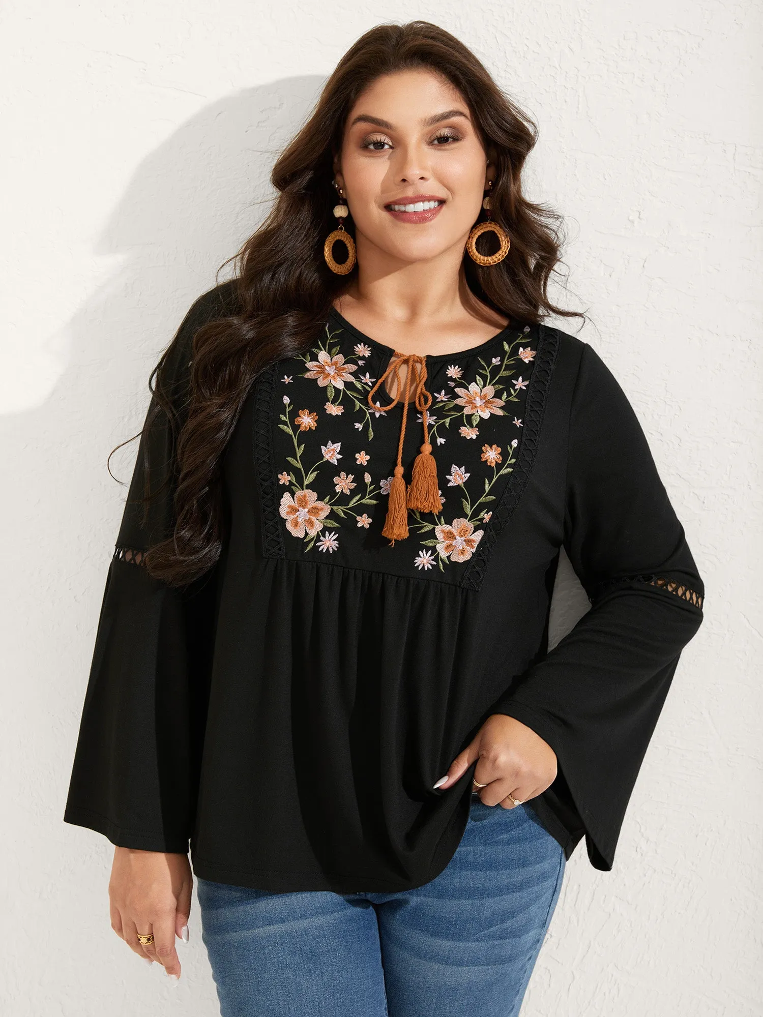 Floral Neck Embroidery Lace Trim Knit Top sold by Bloomchic