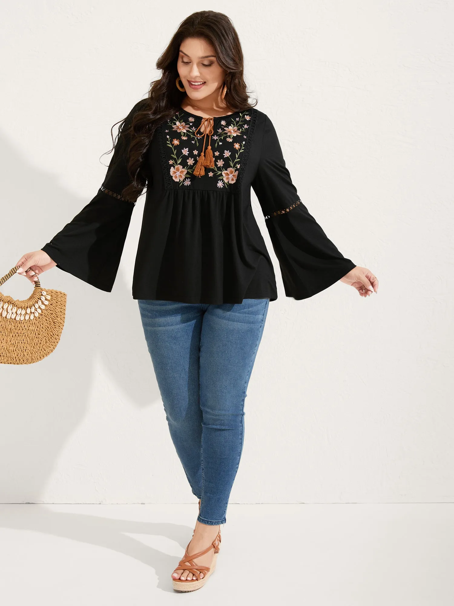 Floral Neck Embroidery Lace Trim Knit Top sold by Bloomchic product image thumbnail 3