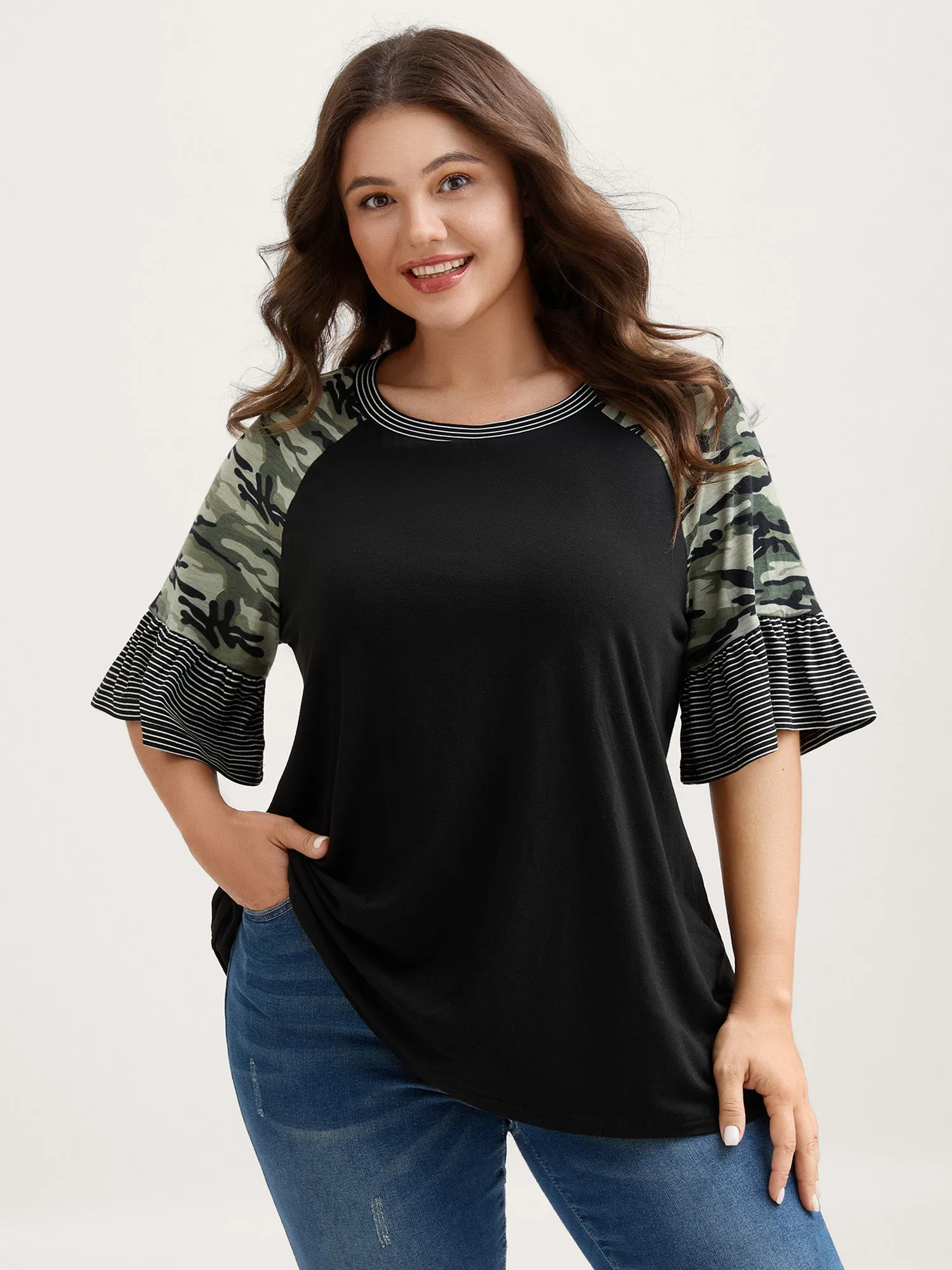 Supersof Camouflage Sleeve Contrast T-Shirt sold by Bloomchic
