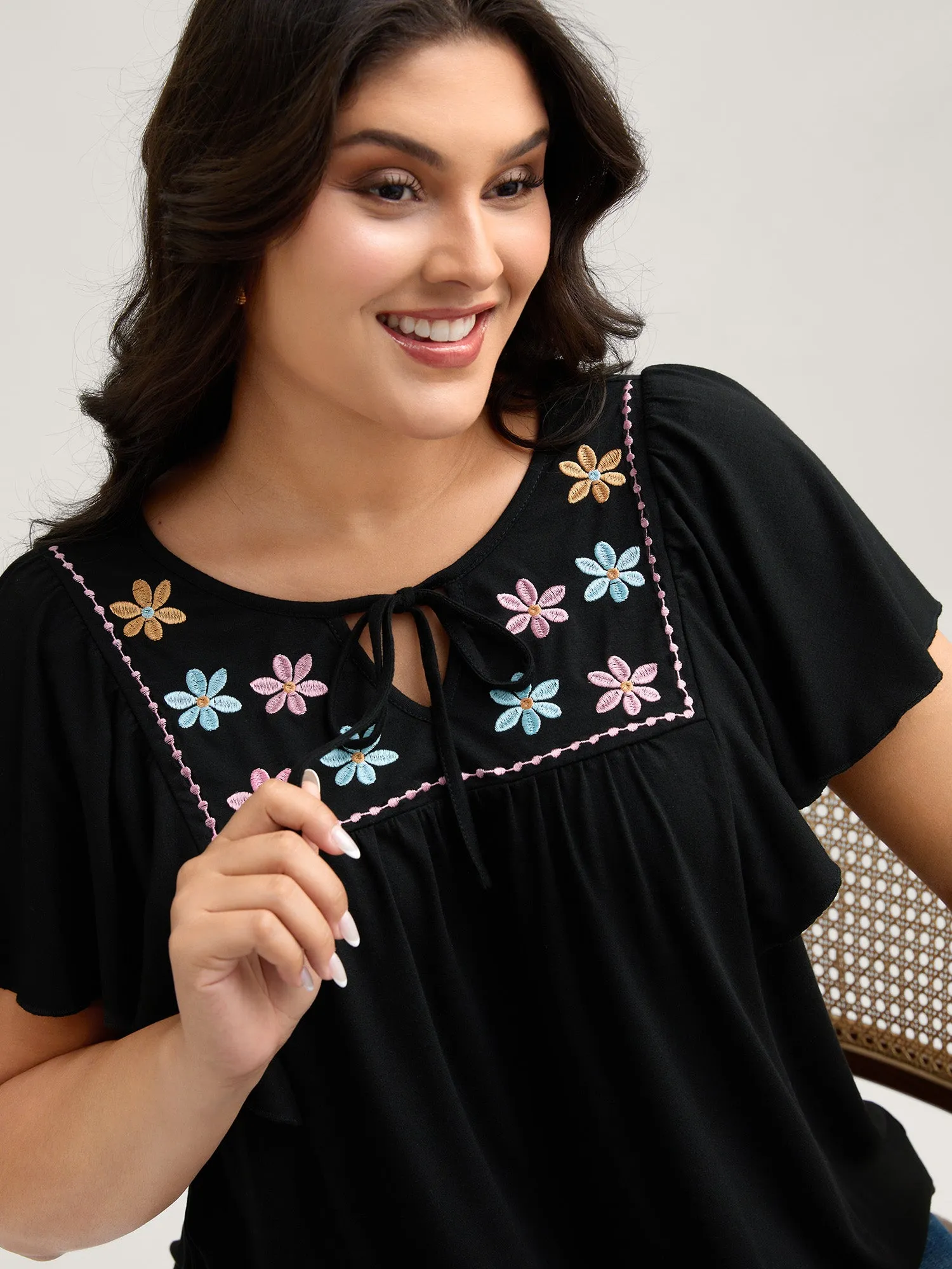 Floral Neck Embroidery Flowy T-Shirt sold by Bloomchic