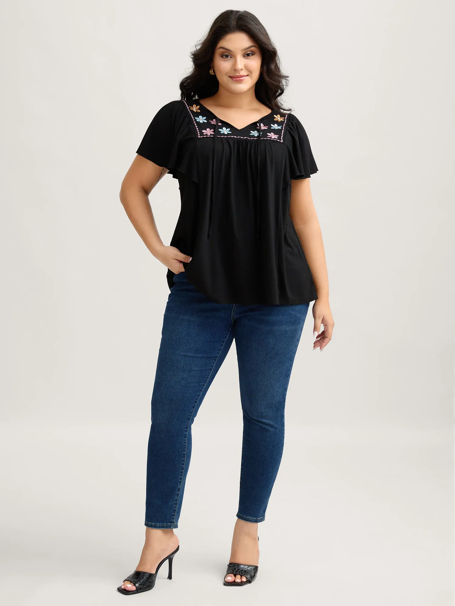 Floral Neck Embroidery Flowy T-Shirt sold by Bloomchic product image thumbnail 3