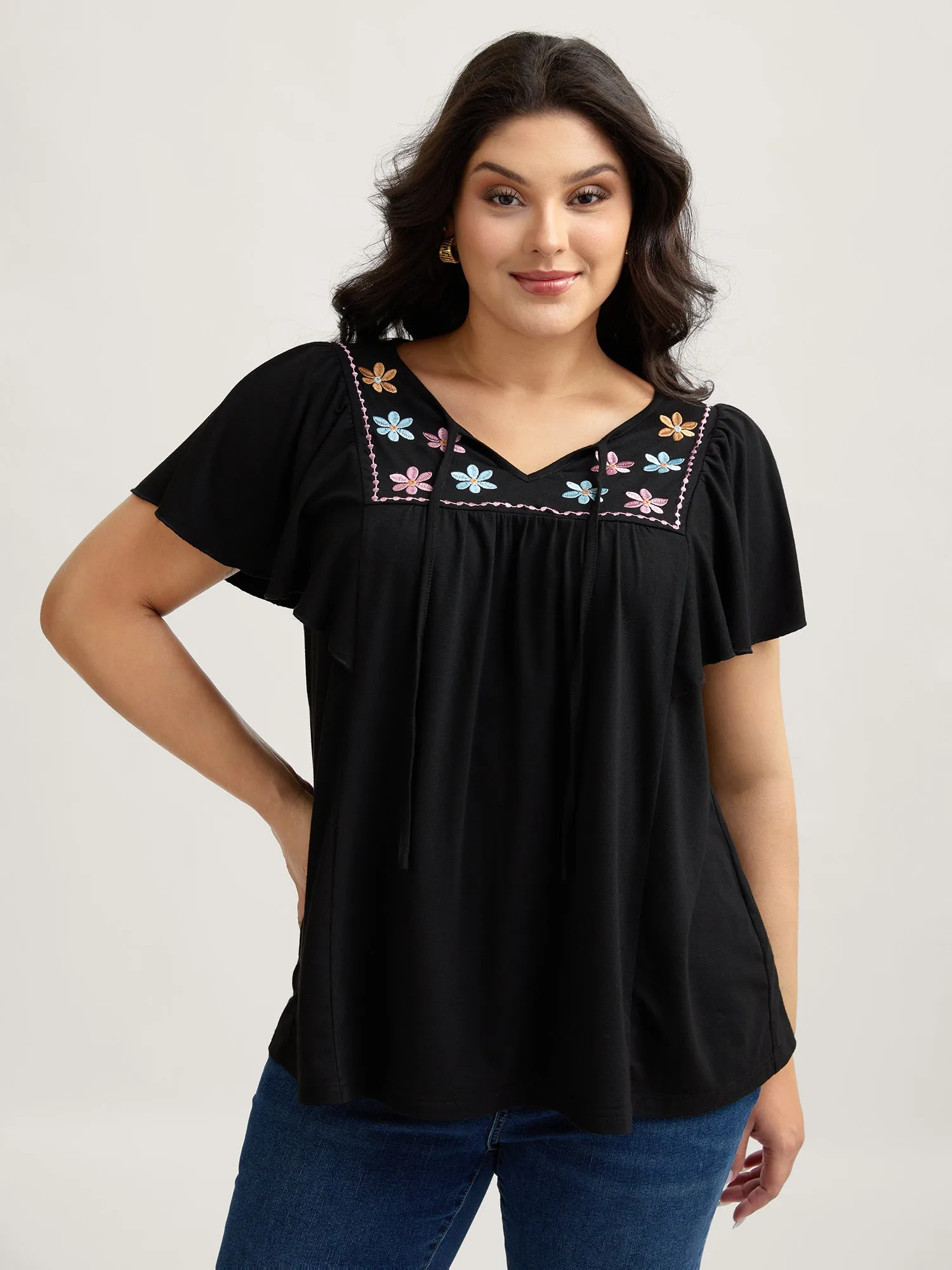 Floral Neck Embroidery Flowy T-Shirt sold by Bloomchic product image thumbnail 2