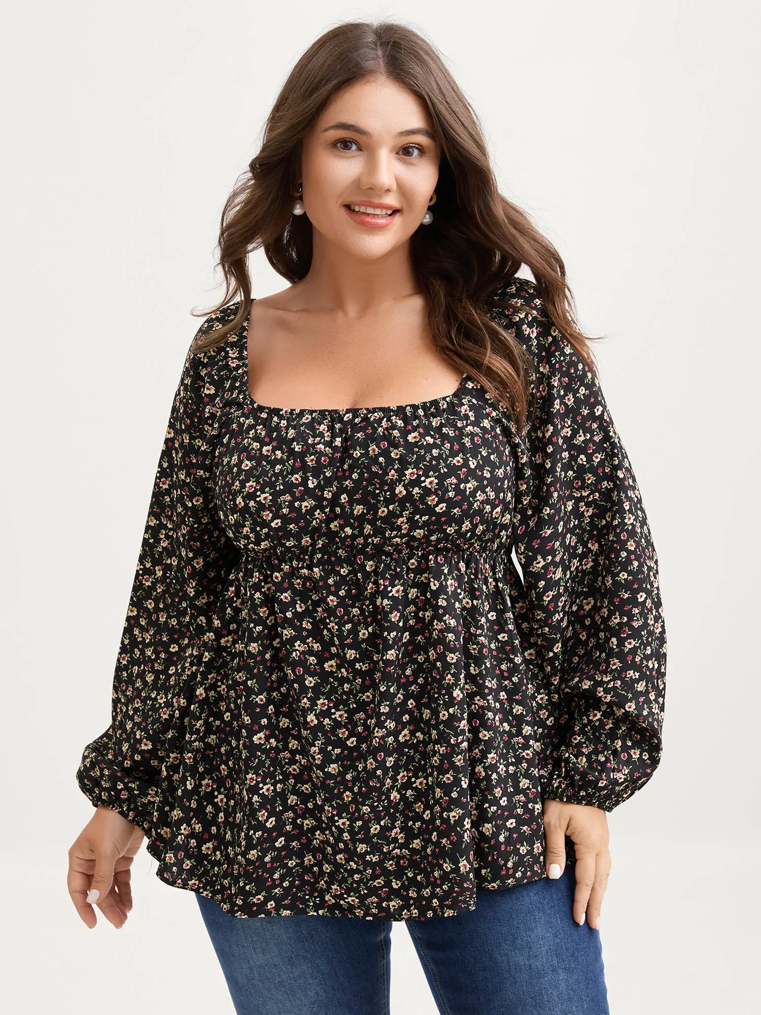 Floral Print Shirred Bodice Puff Sleeve Blouse sold by Bloomchic