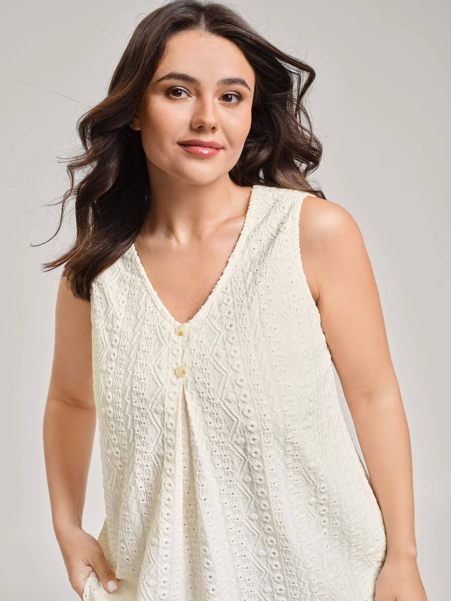 Textured Pleated Front Button Tank Top sold by Bloomchic