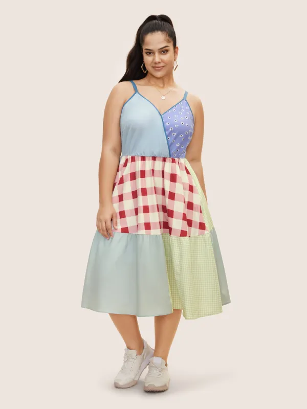 Overlap Collar Plaid Patchwork Midi Dress sold by Bloomchic