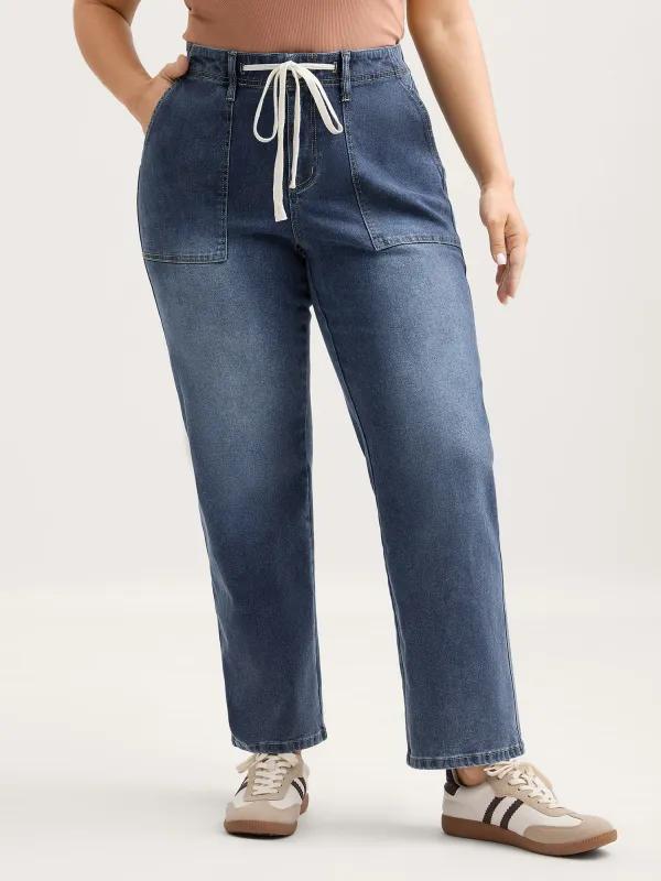 Sand Wash Drawstring Straight Leg Jeans sold by Bloomchic