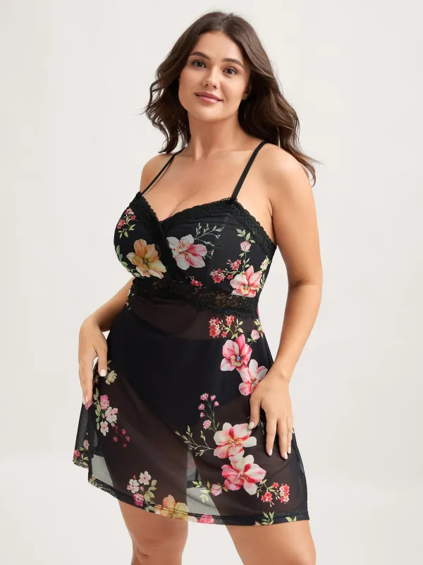 Floral Mesh Lace Trim Sleep Dress sold by Bloomchic