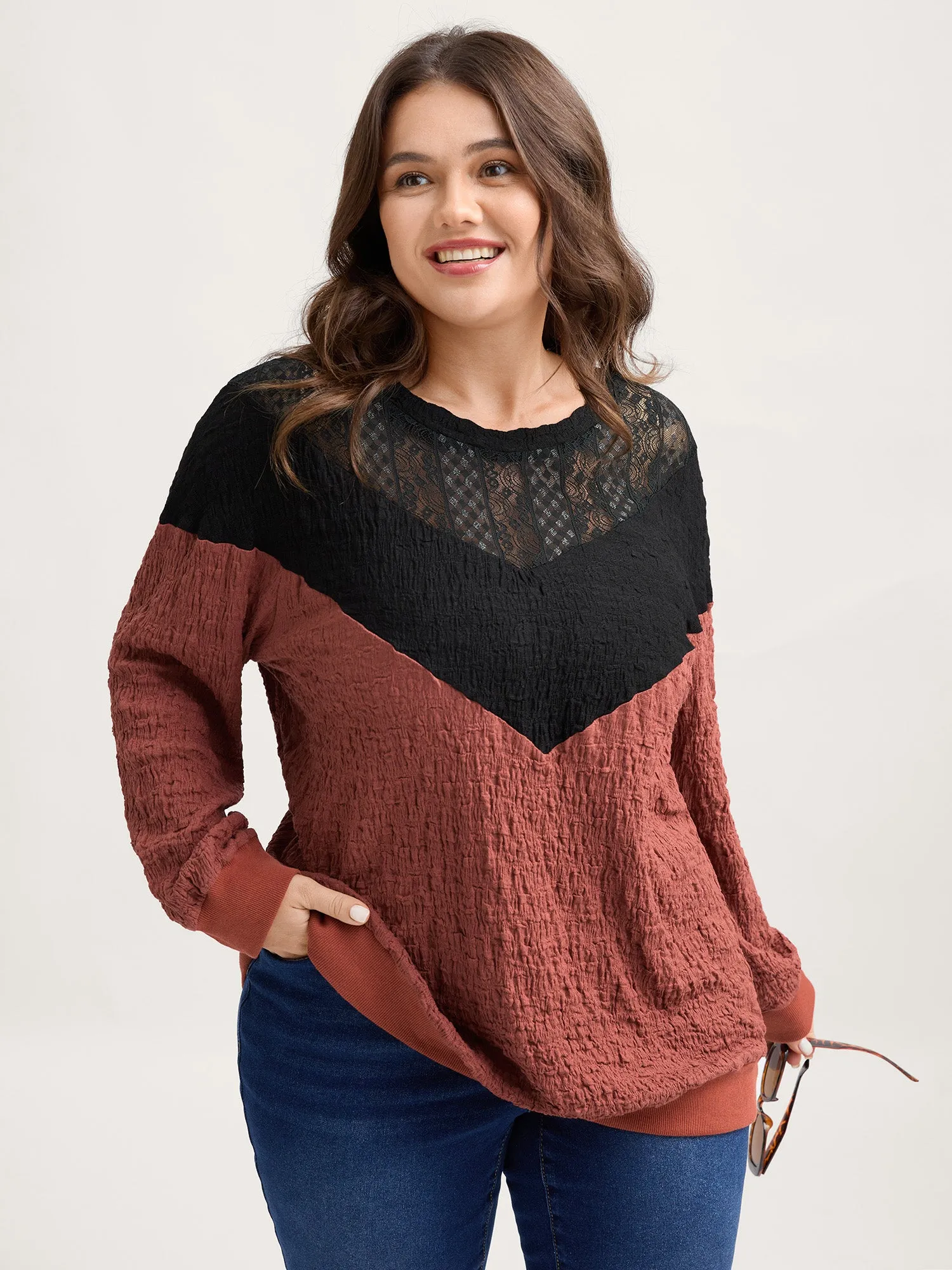 Lace Cut-Out Color Contrast Sweatshirt sold by Bloomchic