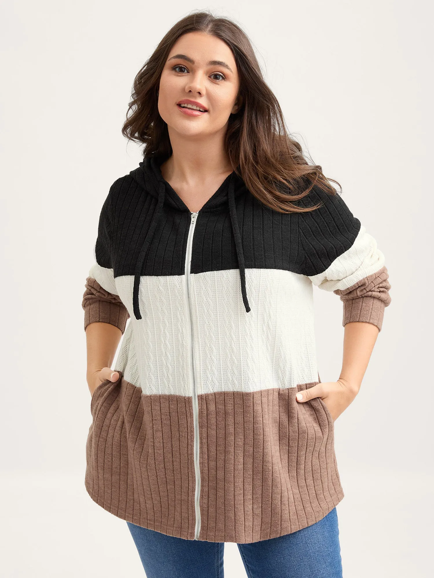 Textured Color Contrast Zipper Hoodie sold by Bloomchic product image thumbnail 2