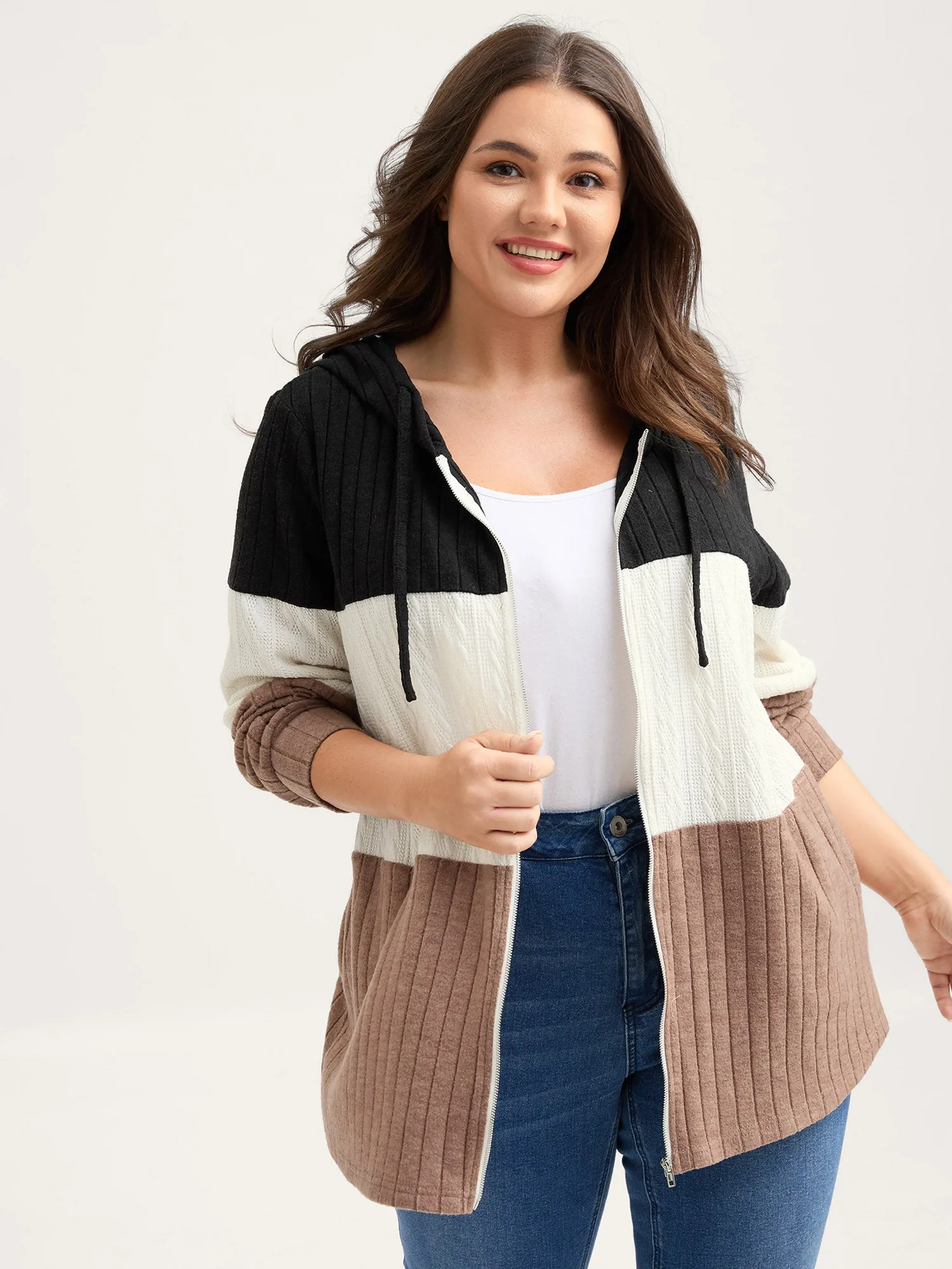 Textured Color Contrast Zipper Hoodie sold by Bloomchic product image thumbnail 3