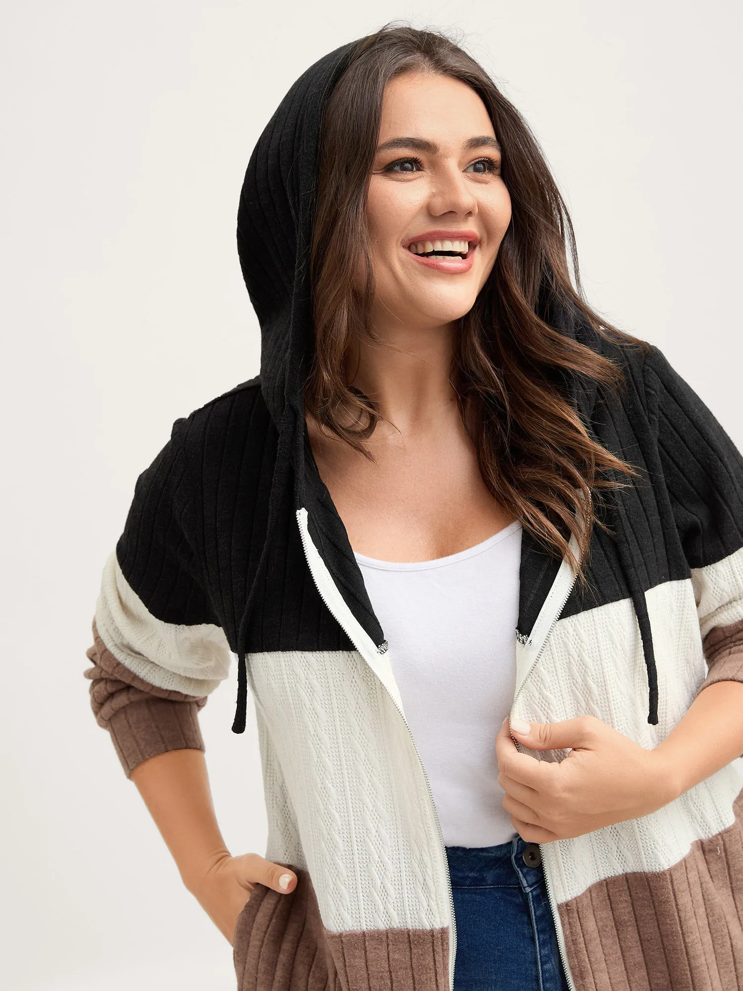 Textured Color Contrast Zipper Hoodie sold by Bloomchic