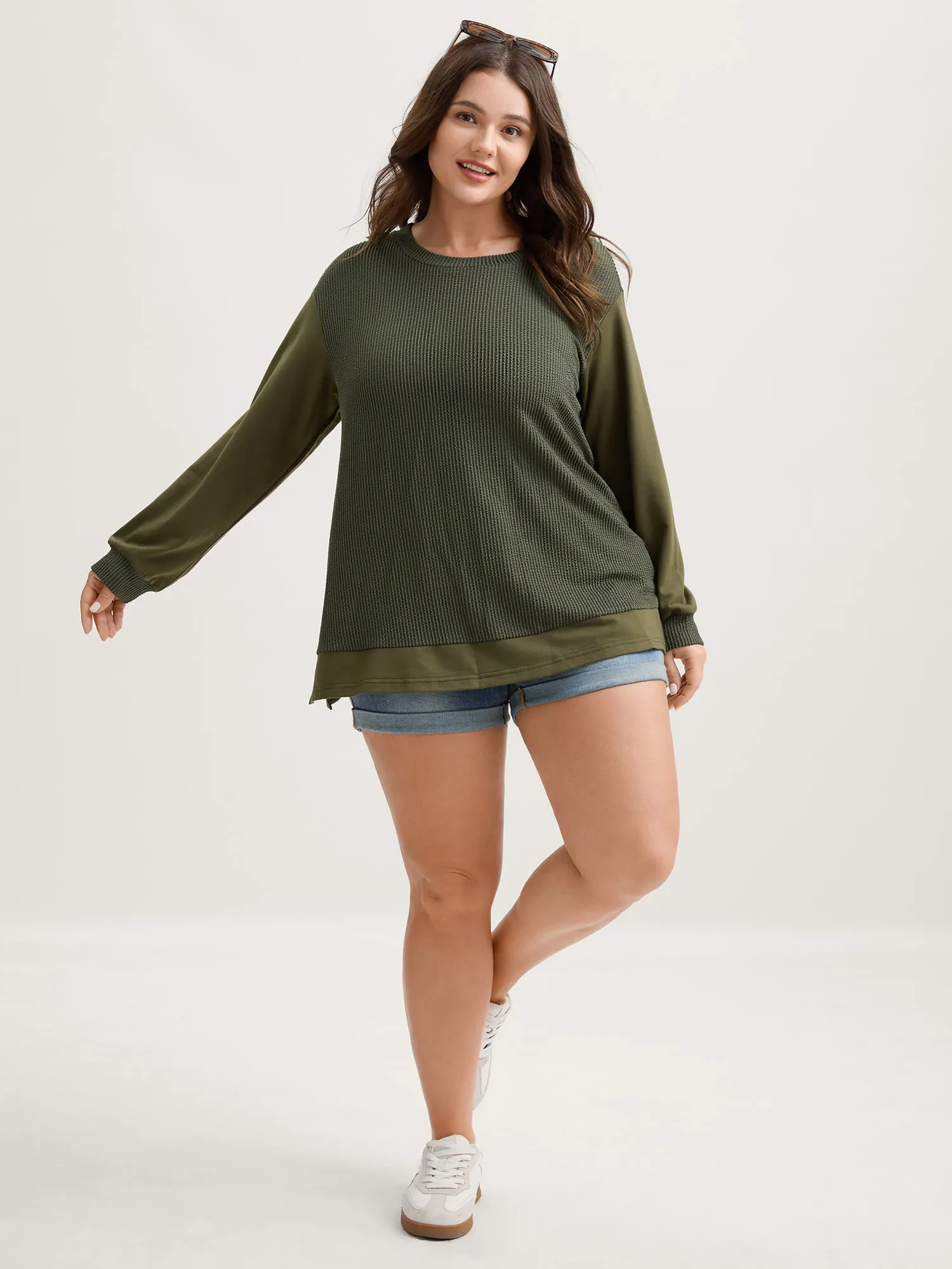 Textured Pit Strip Round Neck Sweatshirt sold by Bloomchic product image thumbnail 3