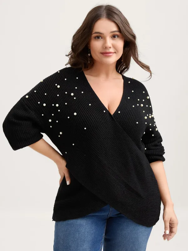 Pearl Beaded Overlap Hem Pullover sold by Bloomchic