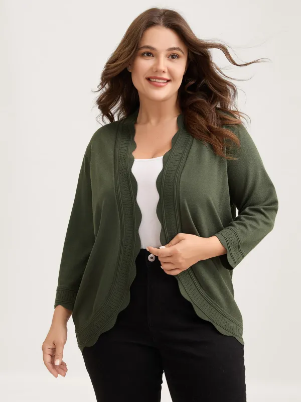 Supersoft Scalloped Trim Three-Quarter Sleeve Cardigan sold by Bloomchic