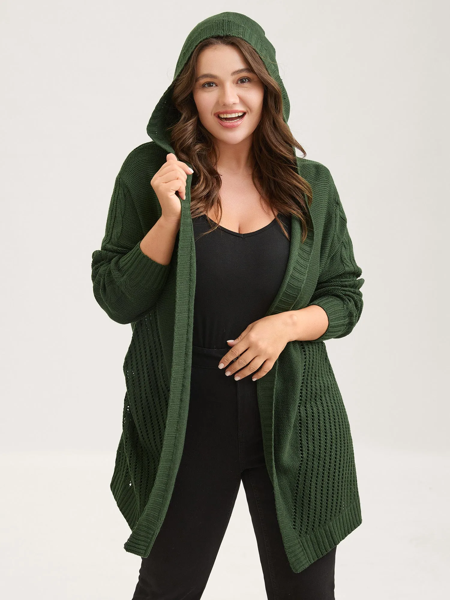 Textured Cut-Out Hooded Knit Cardigan sold by Bloomchic