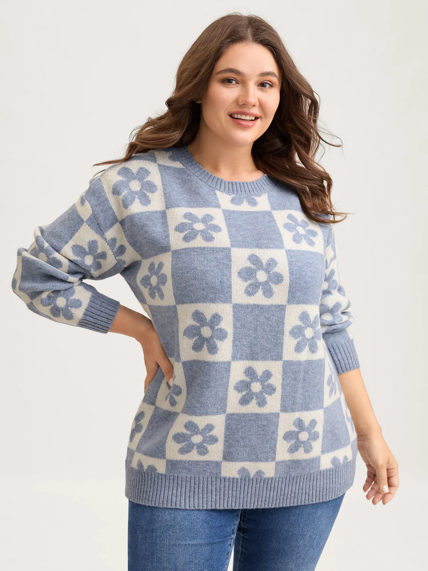 Floral Checkered Color Contrast Pullover sold by Bloomchic