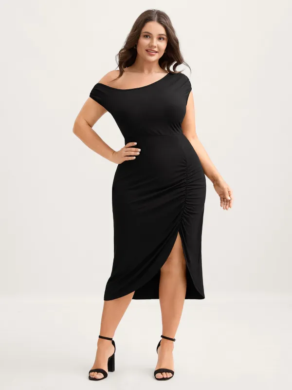 One Shoulder Ruched Split Hem Midi Dress sold by Bloomchic