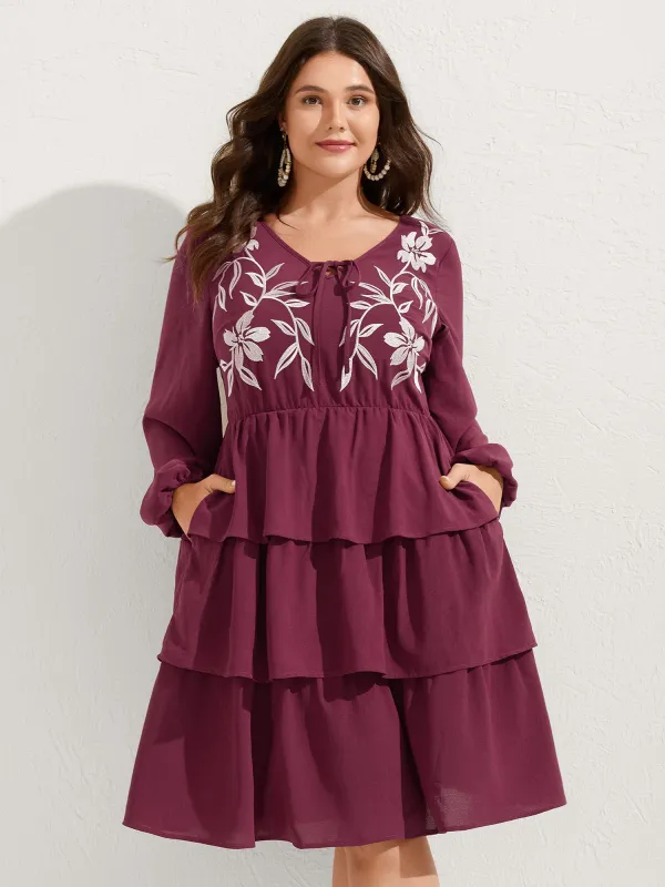 Floral Embroidery Pockets Layered Midi Dress sold by Bloomchic