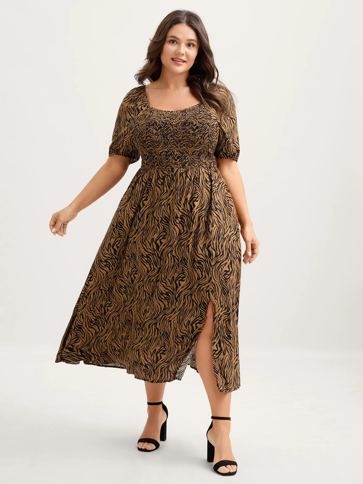 Leopard Print Shirred Split Hem Midi Dress sold by Bloomchic product image thumbnail 2