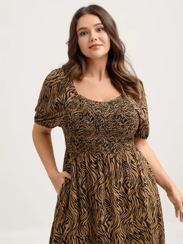 Leopard Print Shirred Split Hem Midi Dress made by Bloomchic