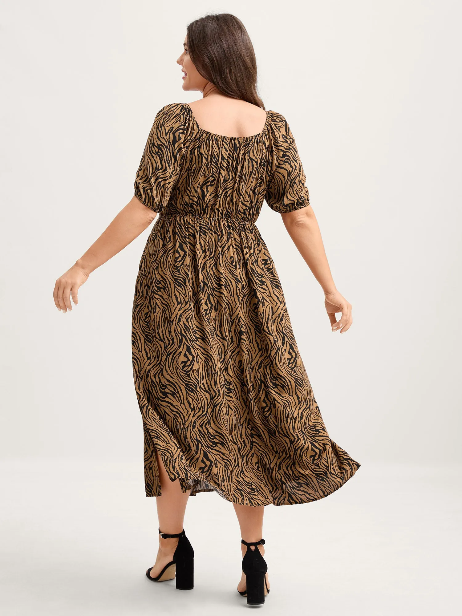 Leopard Print Shirred Split Hem Midi Dress sold by Bloomchic product image thumbnail 4
