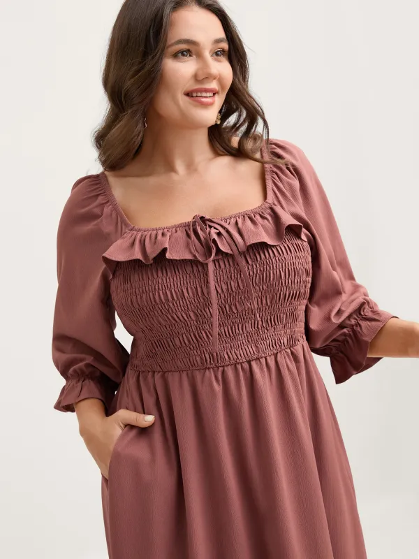 Ruffle Shirred Bodice Pockets Midi Dress sold by Bloomchic