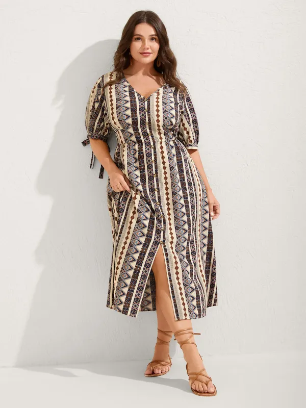Geometric Stripes Button Detail Midi Dress sold by Bloomchic