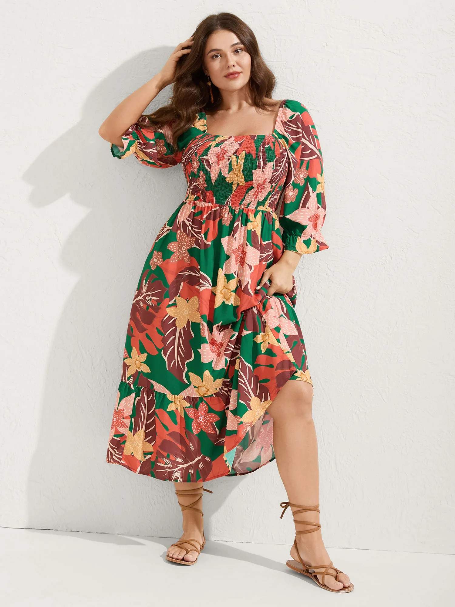 Rayon Tropical Floral Shirred Stretchy Waist Midi Dress sold by Bloomchic