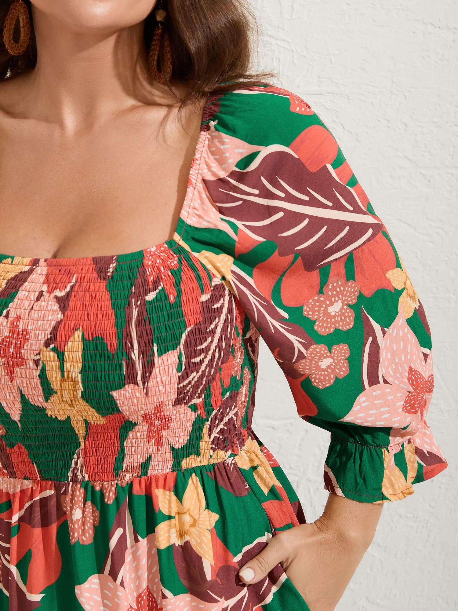 Rayon Tropical Floral Shirred Stretchy Waist Midi Dress sold by Bloomchic product image thumbnail 2