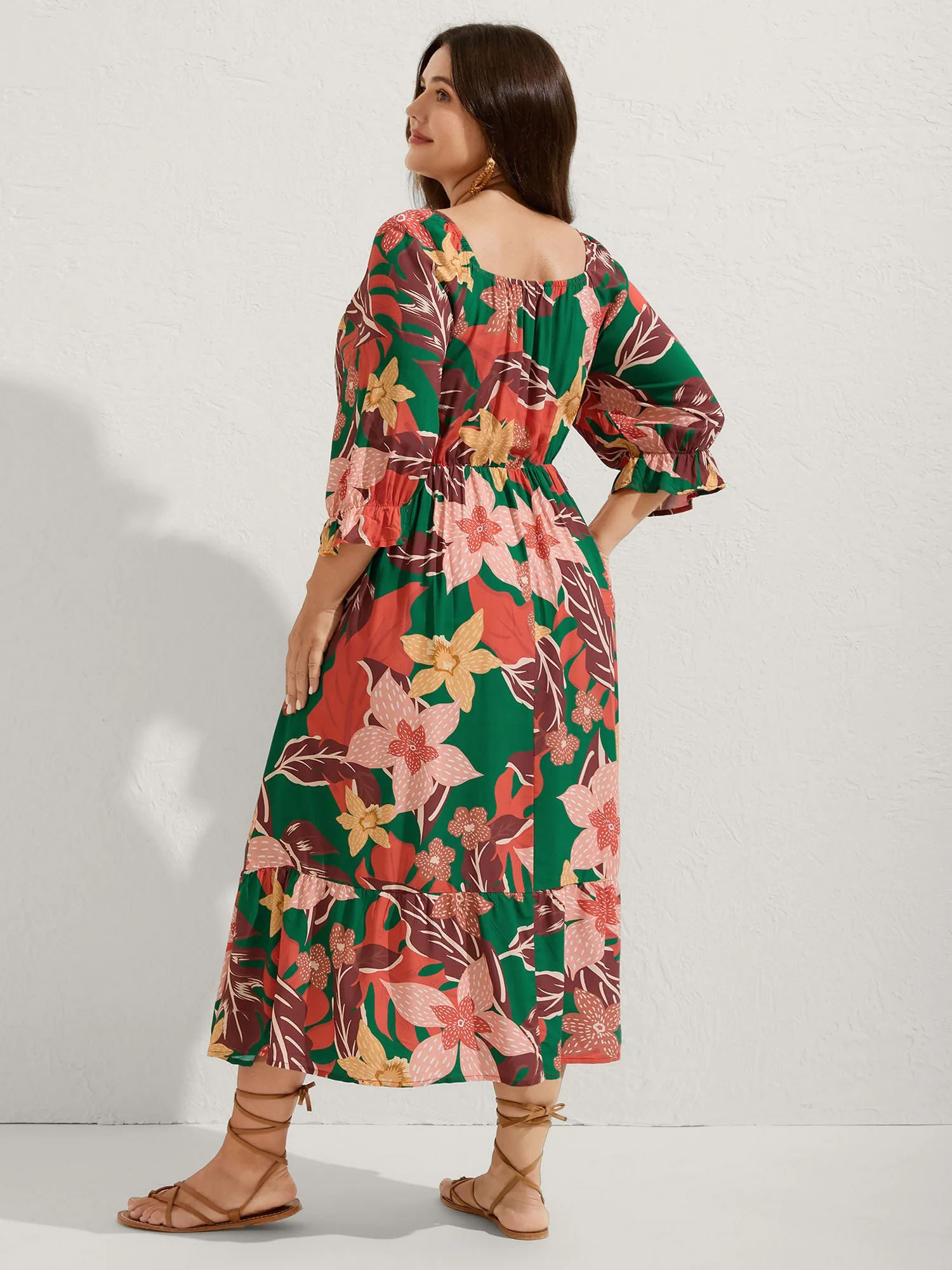 Rayon Tropical Floral Shirred Stretchy Waist Midi Dress sold by Bloomchic product image thumbnail 4