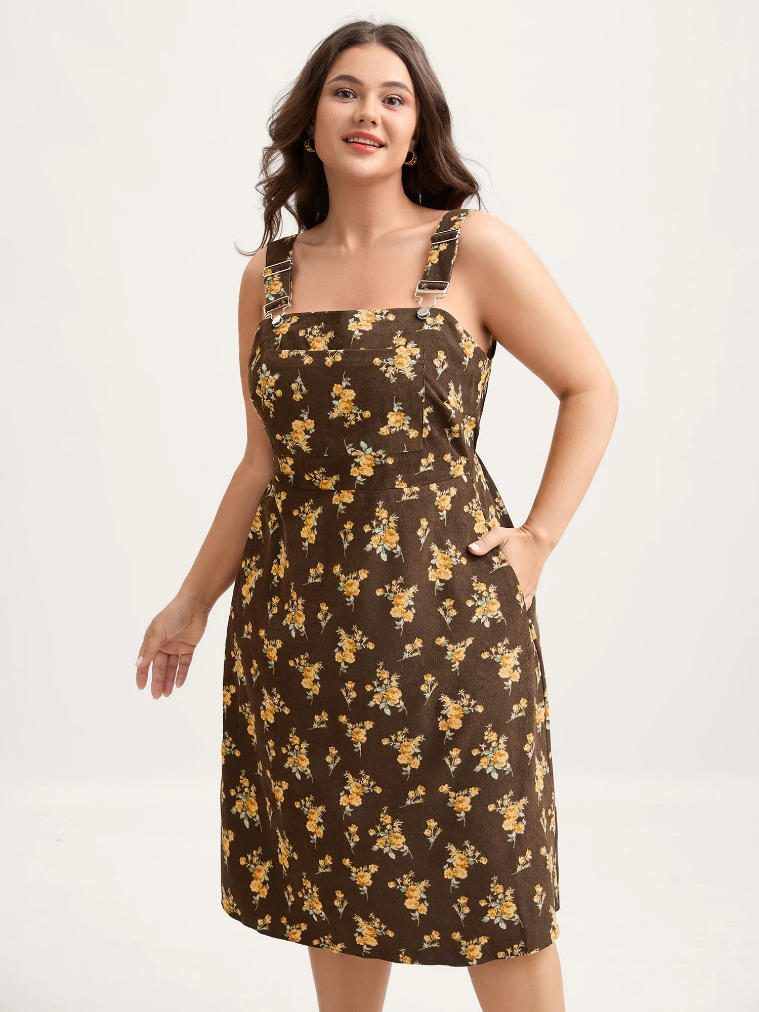 Floral Corduroy Pockets Overall Midi Dress sold by Bloomchic product image thumbnail 5