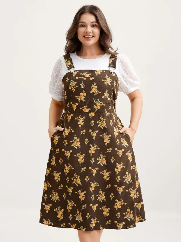 Floral Corduroy Pockets Overall Midi Dress sold by Bloomchic