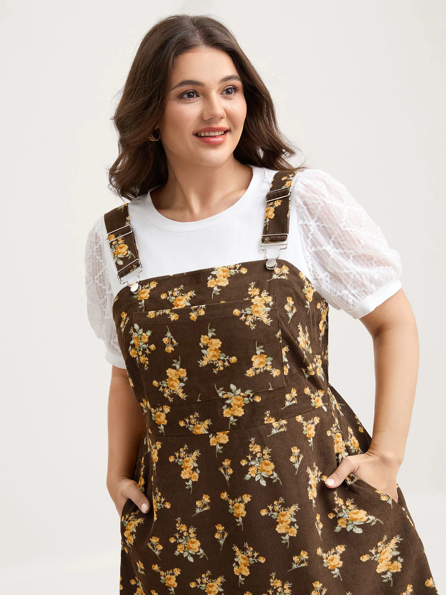 Floral Corduroy Pockets Overall Midi Dress sold by Bloomchic product image thumbnail 4
