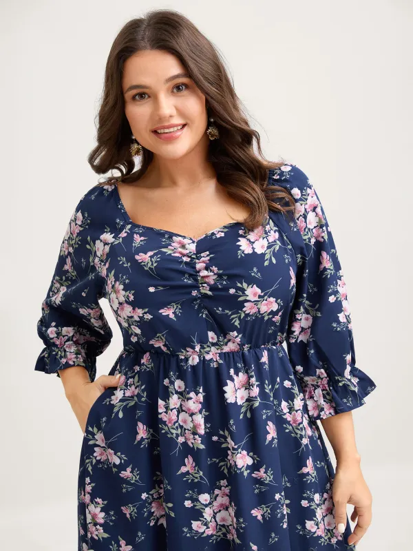 Floral Stretchy Waist Ruffled Midi Dress sold by Bloomchic