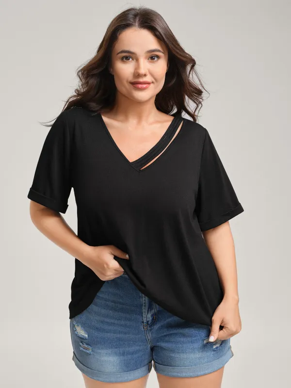 Neck Cut-Out Plain T-Shirt sold by Bloomchic