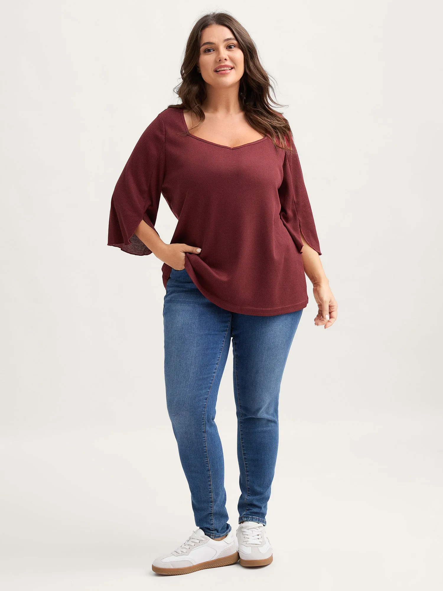 Split Bell Sleeve Waffle T-Shirt sold by Bloomchic product image thumbnail 3