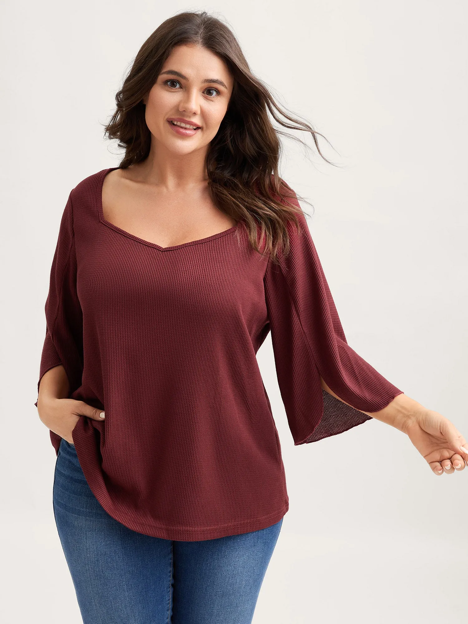 Split Bell Sleeve Waffle T-Shirt sold by Bloomchic
