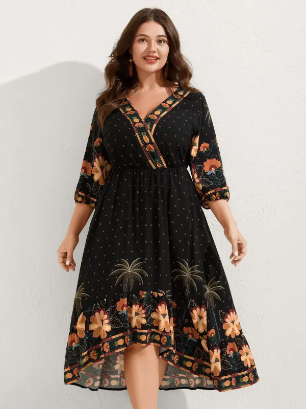 Surplice Neck Floral High Low Hem Midi Dress sold by Bloomchic
