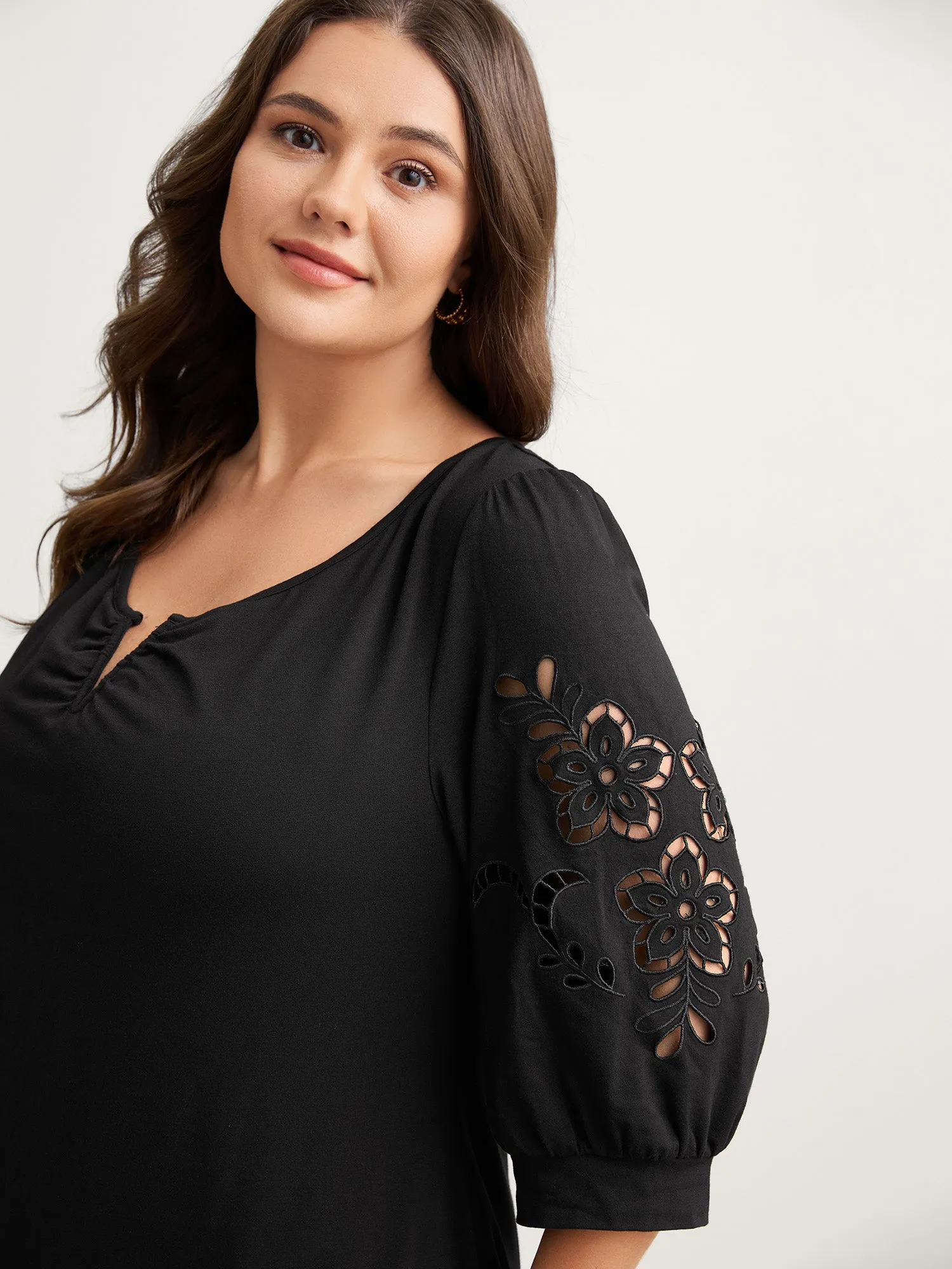 Cut-Out Embroidery Sleeve Solid T-Shirt sold by Bloomchic product image thumbnail 2