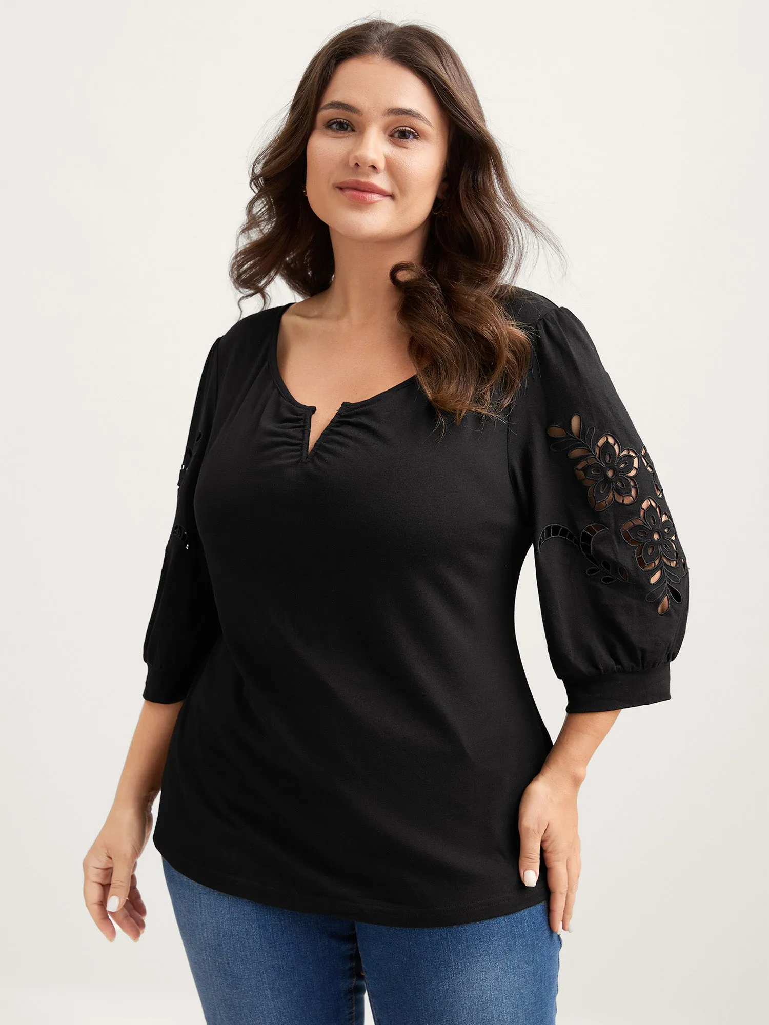 Cut-Out Embroidery Sleeve Solid T-Shirt sold by Bloomchic