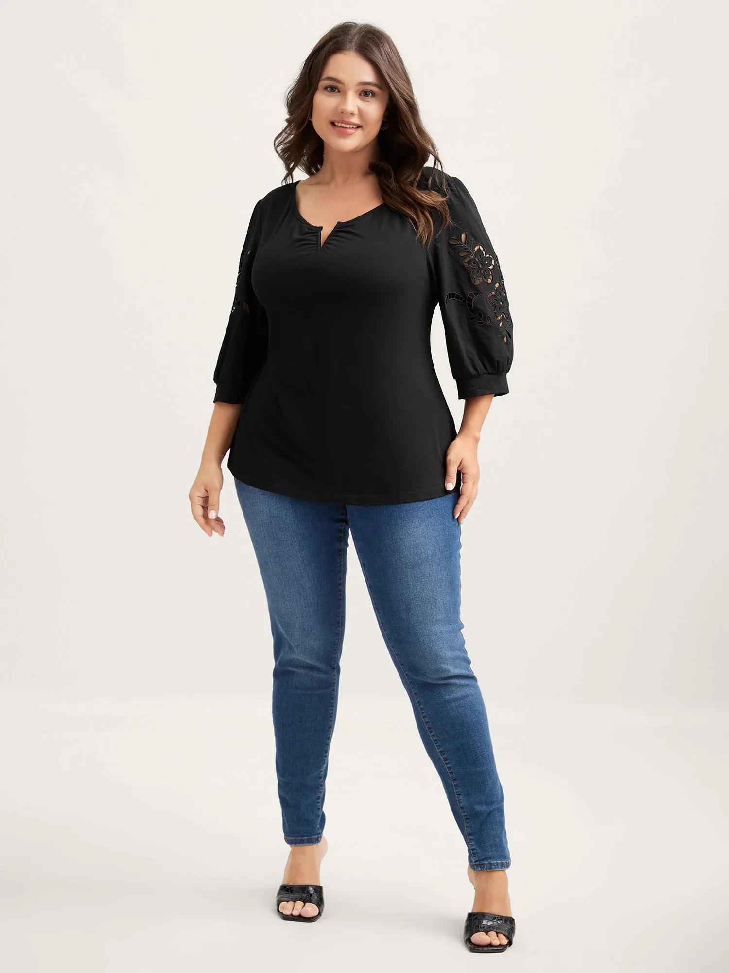 Cut-Out Embroidery Sleeve Solid T-Shirt sold by Bloomchic product image thumbnail 3